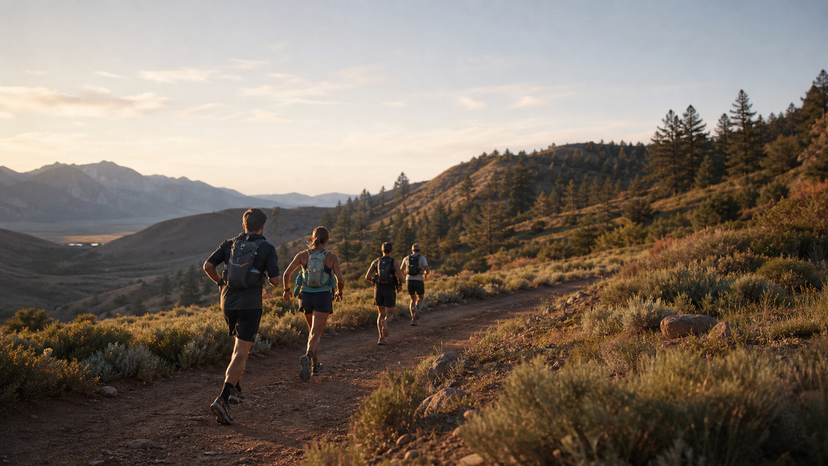 Trail runners moving through mountain foothills at sunrise